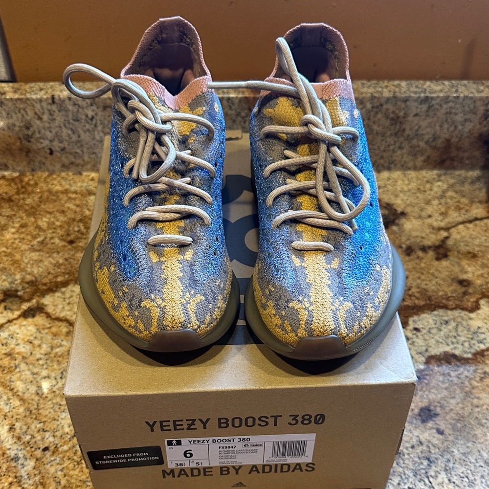 adidas Yeezy Boost 380 Blue Yellow Pink Knit Sneakers